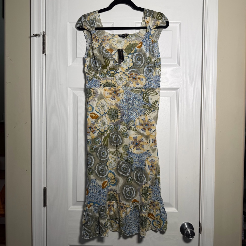 Sleeveless Summer Spring V neck Floral Patchwork Flowy Midi Dress Olive & Blue